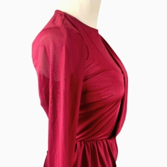 Privy Burgundy Mesh Panel Draped Bodycon Mini Dress S Sheer Sexy Red Long Sleeve - Picture 6 of 12